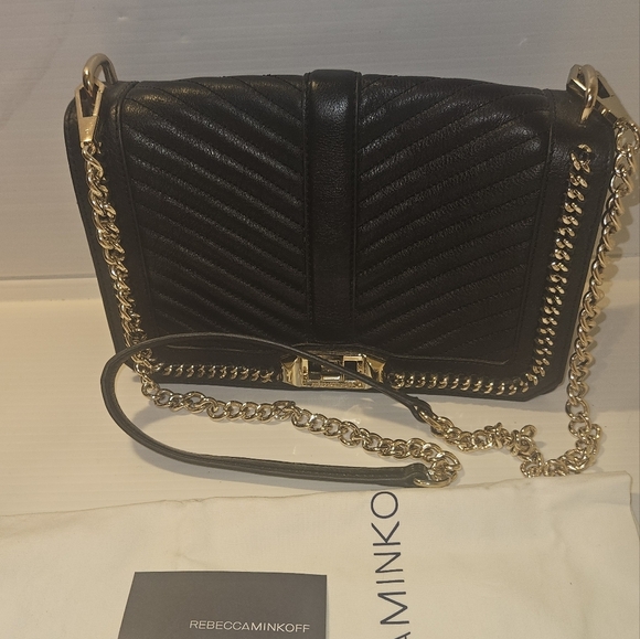 Rebecca Minkoff Love Crossbody Bag Black Chevron Quilted Leather with Gold Chain - Picture 13 of 16